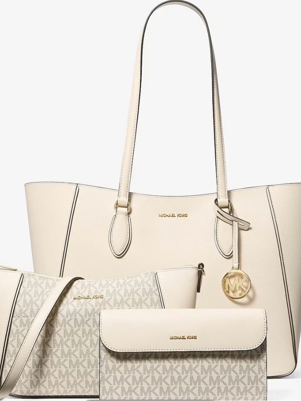 Michael Kors White 3 in 1 set- Tote with Coordinating Clutch and Crossbody
